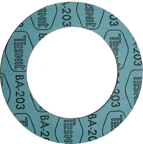 Flanschdichtung in blauer Farbe mit schwarzer Beschriftung, vermutlich für Heizungsanwendungen, hergestellt von Wolf.